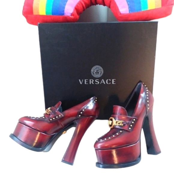 VERSACE  Burgundy Runway Studded Medusa Loafer Platform Heel 36/6 - Picture 1 of 15